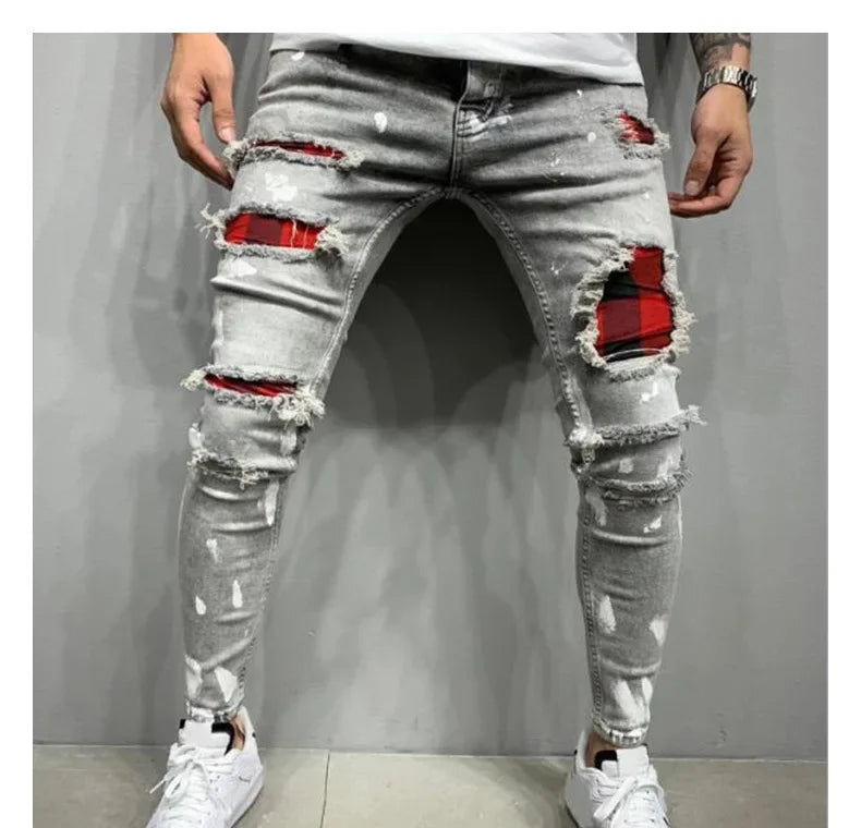 Jeans Pencil Pants Holes Distressed Men Streetwear Denims Mid Waist Slim Fit Washed Denim Ankle Length