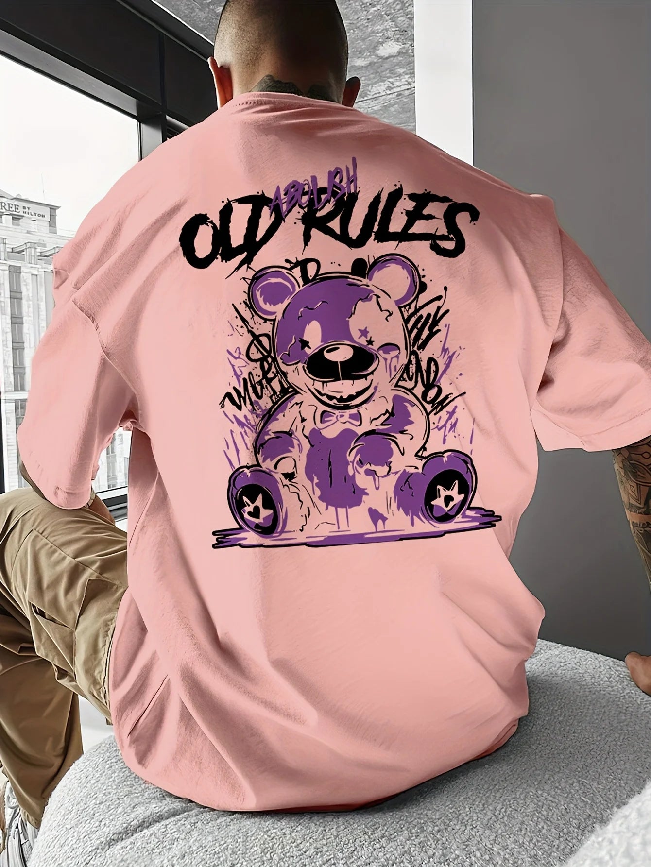 Men's Cotton Fashionable Casual Loose Large Cartoon Bear Pattern Printed Round Neck Short Sleeve T-shirt Top