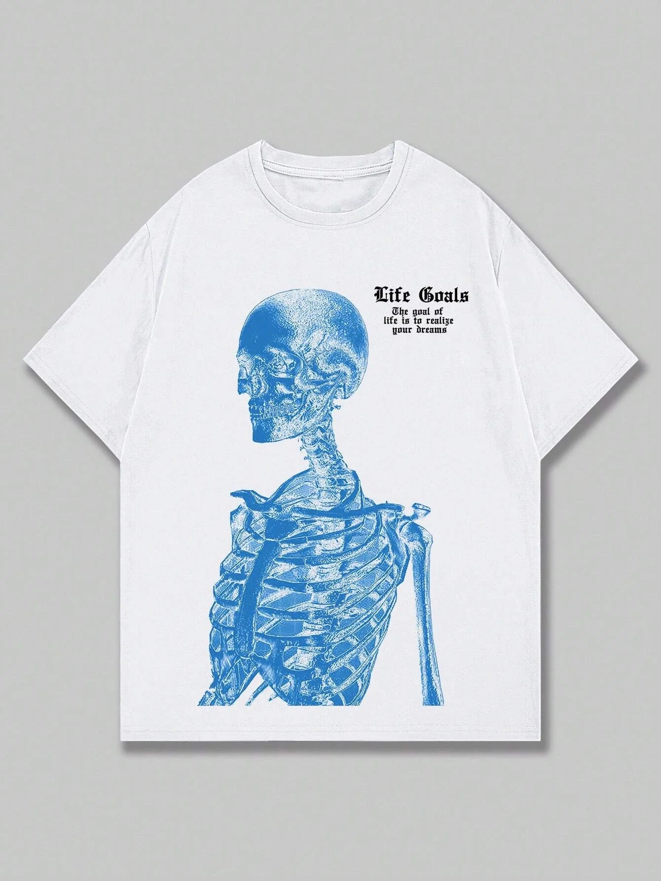 Blue Skeleton Man Life Goals Letter Printing O-Neck Cotton Tops Street Fashion Tees Loose Soft Clothes