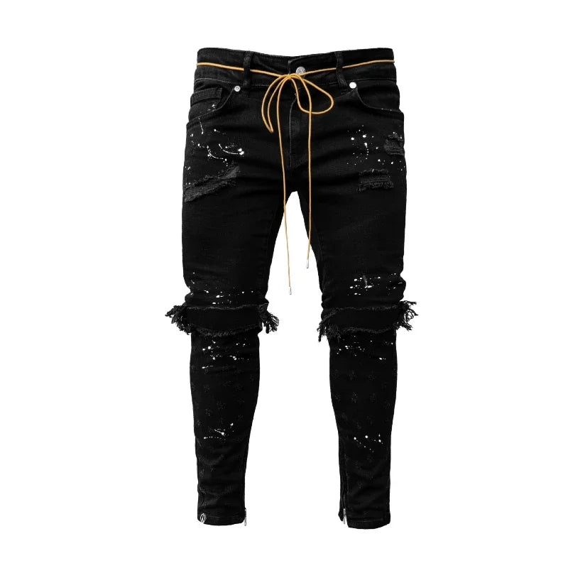 Men Long Jeans Pants Denim Simple Slim Fit Zipper Lace Up Tight Waist