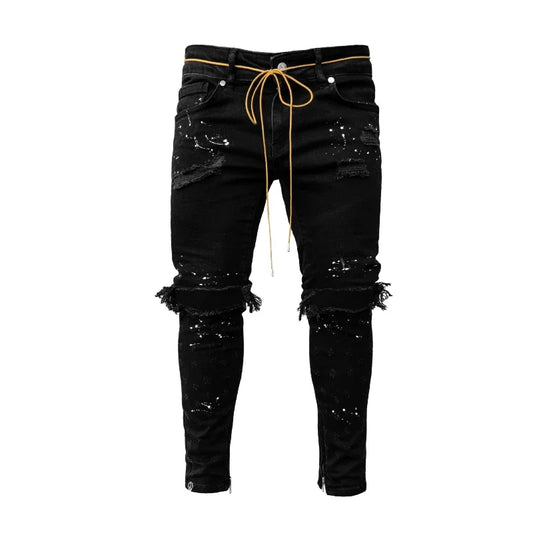 Men Long Jeans Pants Denim Simple Slim Fit Zipper Lace Up Tight Waist
