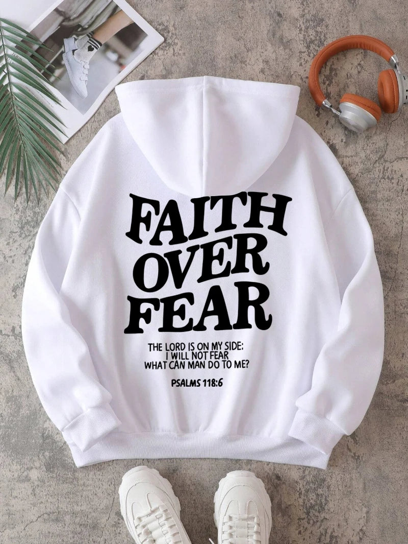 Casual Women's Hoodies Faith Over Fear Letter Printing Sweatshirts Fleece Warm Comfortable Pocket Streetwear