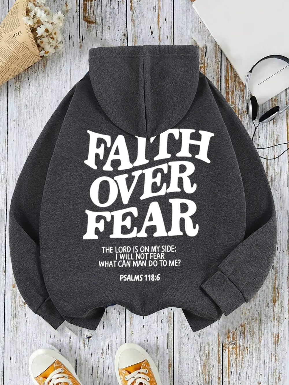Casual Women's Hoodies Faith Over Fear Letter Printing Sweatshirts Fleece Warm Comfortable Pocket Streetwear