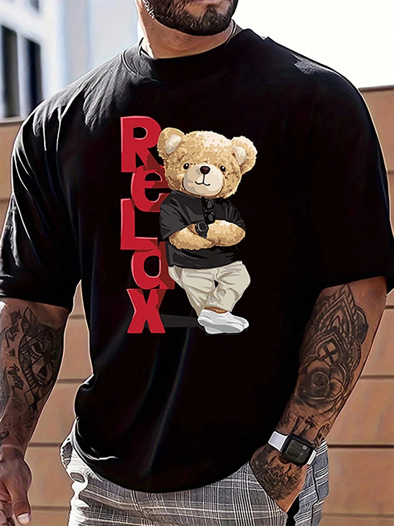Men's 100% Cotton Fashionable Casual Loose Large Size Letter Bear Printed Sports Round Neck Short Sleeve T-shirt Top