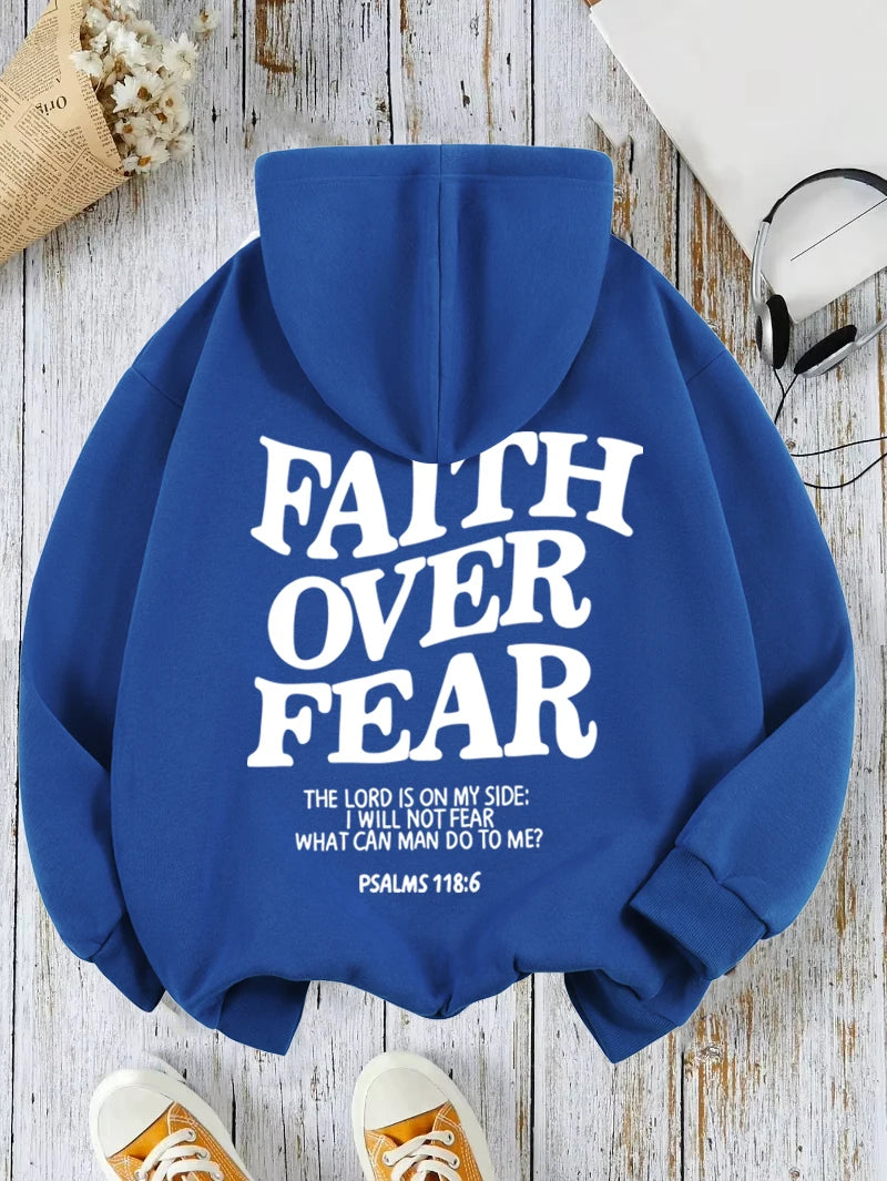 Casual Women's Hoodies Faith Over Fear Letter Printing Sweatshirts Fleece Warm Comfortable Pocket Streetwear