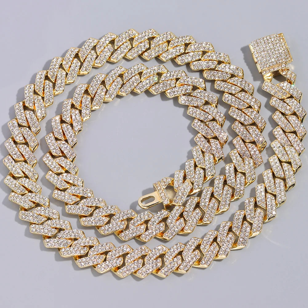 Silver Color 14mm Prong Miami Cuban Link Chain For Women Iced Out 2 Row Rhinestones Square Cuban Link Choker