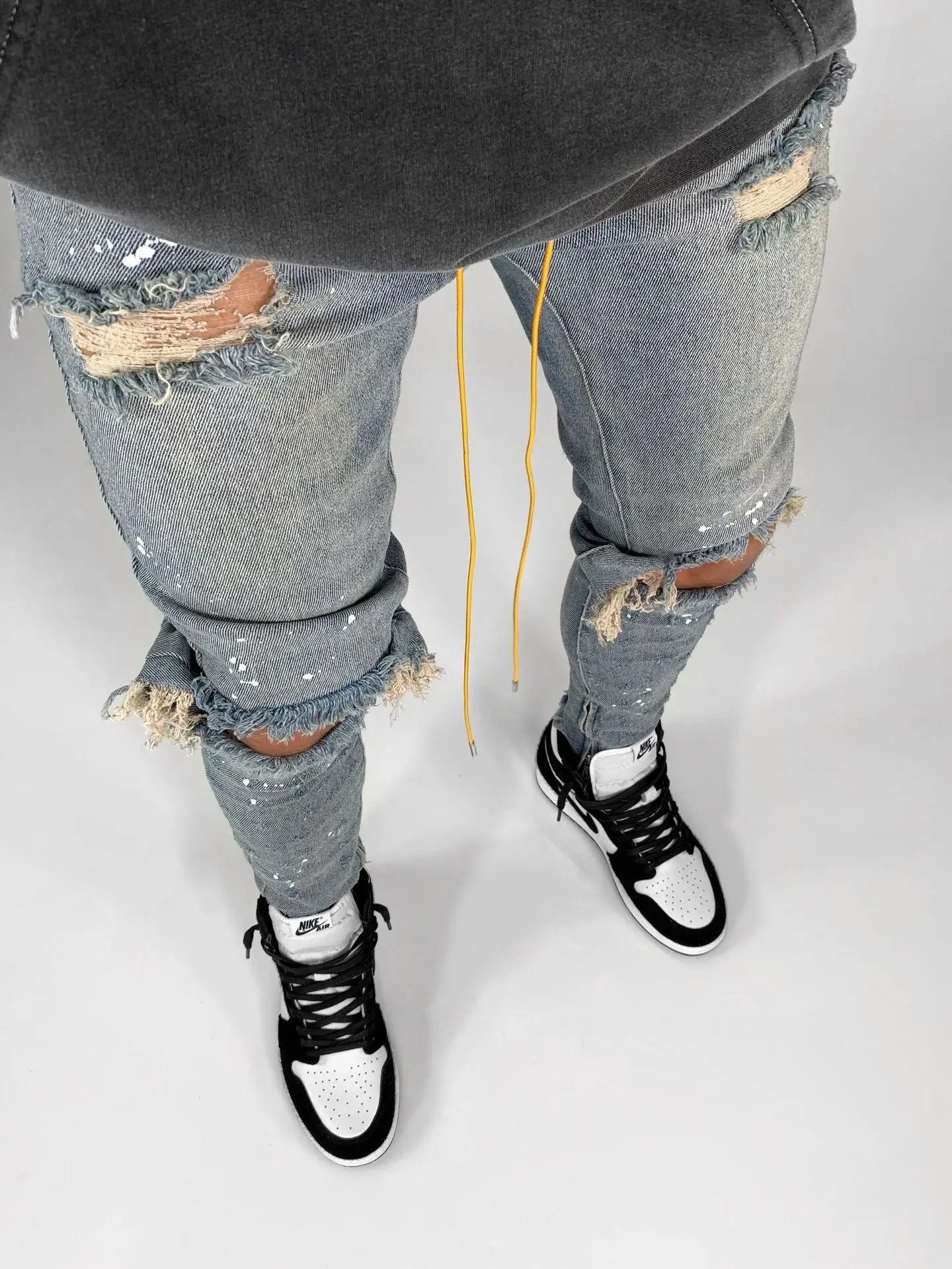 Men Long Jeans Pants Denim Simple Slim Fit Zipper Lace Up Tight Waist