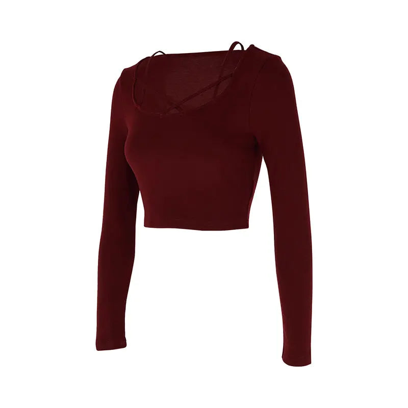 Sexy Wine Red Women's T-shirt  Hollow Out Low Chest Top New Fashion Long Sleeves Casual Slim Female Top