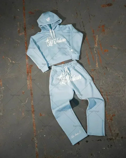 Neutral Street Hoodies and Jogging Sets, High Street Soft Sweatshirts and Pants Shorts Stylish Powder Blue and Brown Casual Wear