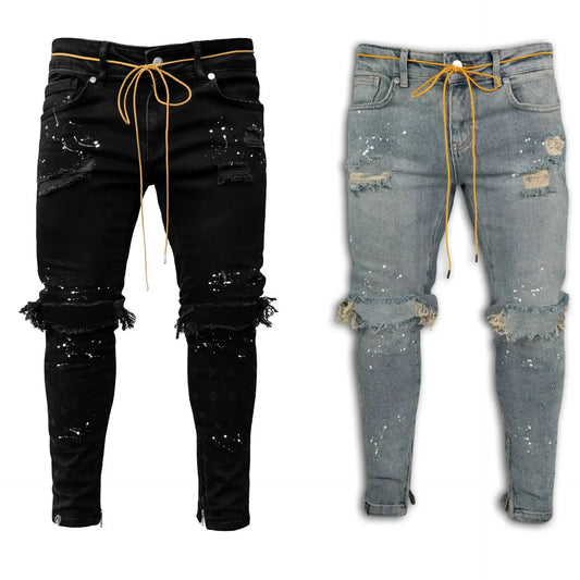 Men Long Jeans Pants Denim Simple Slim Fit Zipper Lace Up Tight Waist