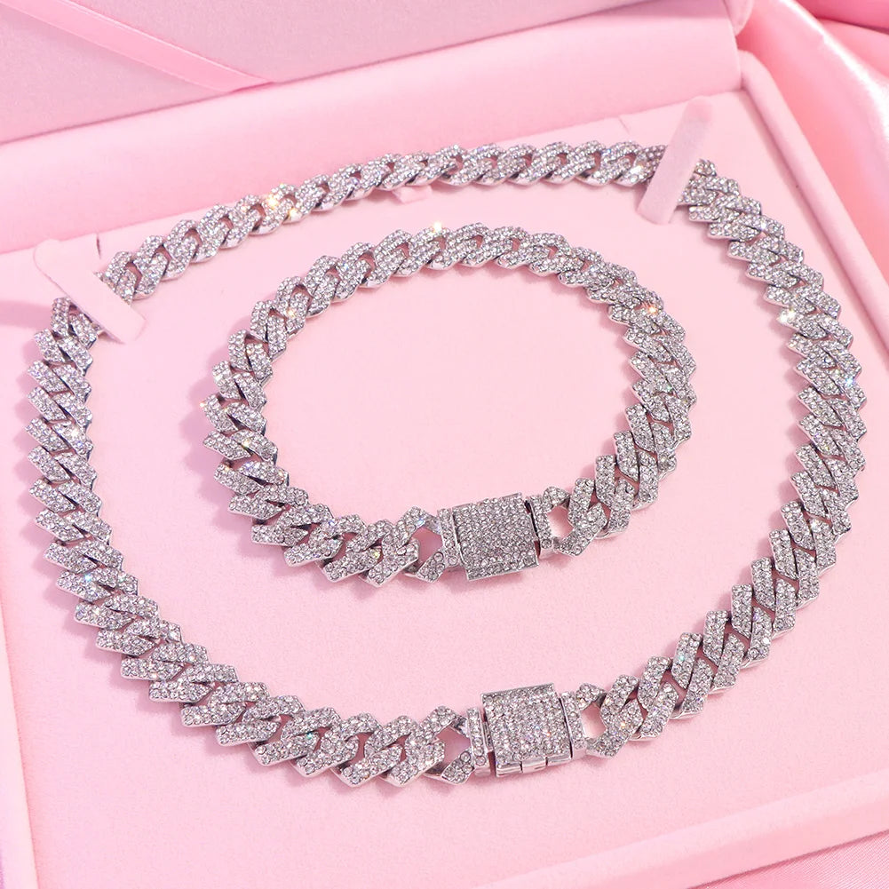 14MM Miami Prong Cuban Link Chain Necklace for Women Gold Silver Color Luxury 2 Row Rhinestones Cuban Choker Iced Out Jewelry