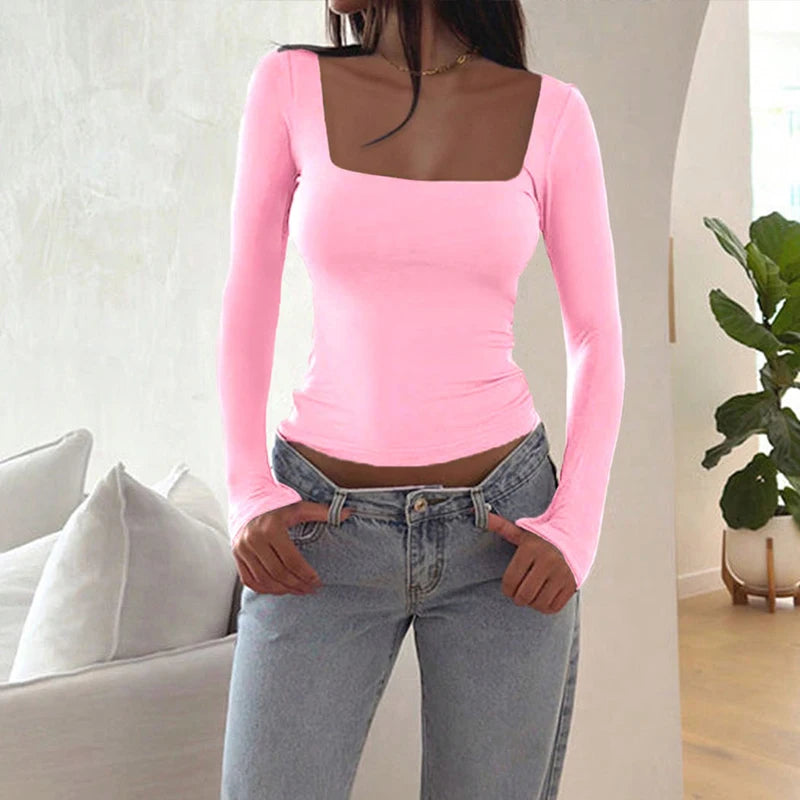 Women Sexy Low Chest Solid Elegant T-shirt Streetwear Fashion Long Sleeves Casual Slim Versatile Female Tees