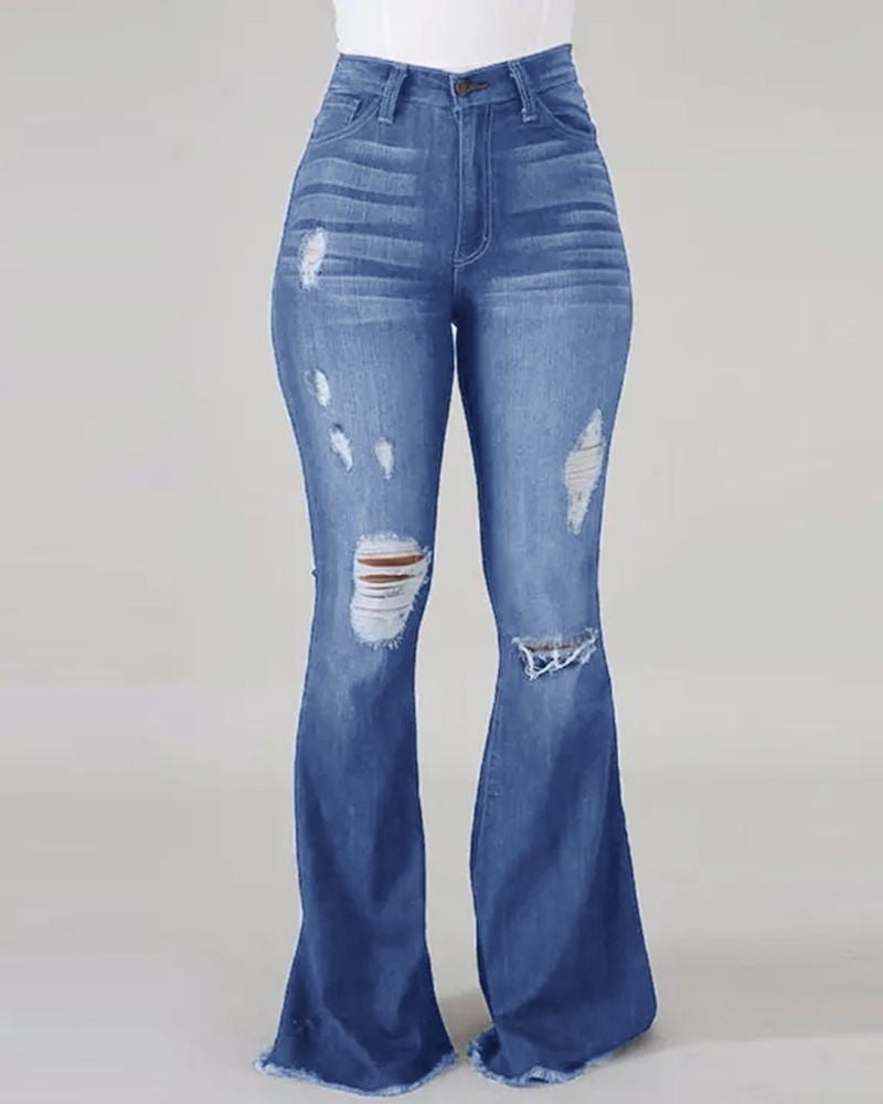 Denim Womens Pants High-stretch Ripped Jeans High-waisted Flared for Women