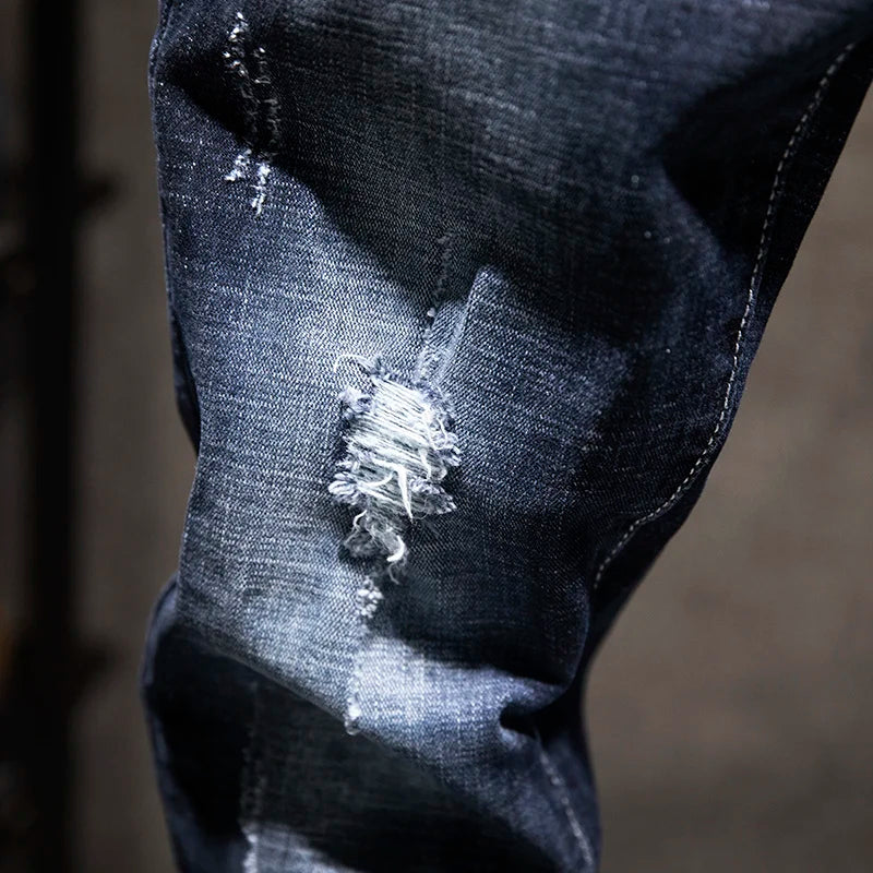 Ripped Jeans Men Slim-fit Denim Pants Fashion Elasticity Versatile Blue Black Men's Clothing