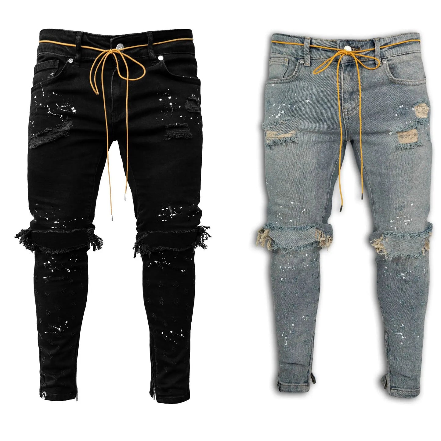 Men Long Jeans Pants Denim Simple Slim Fit Zipper Lace Up Tight Waist