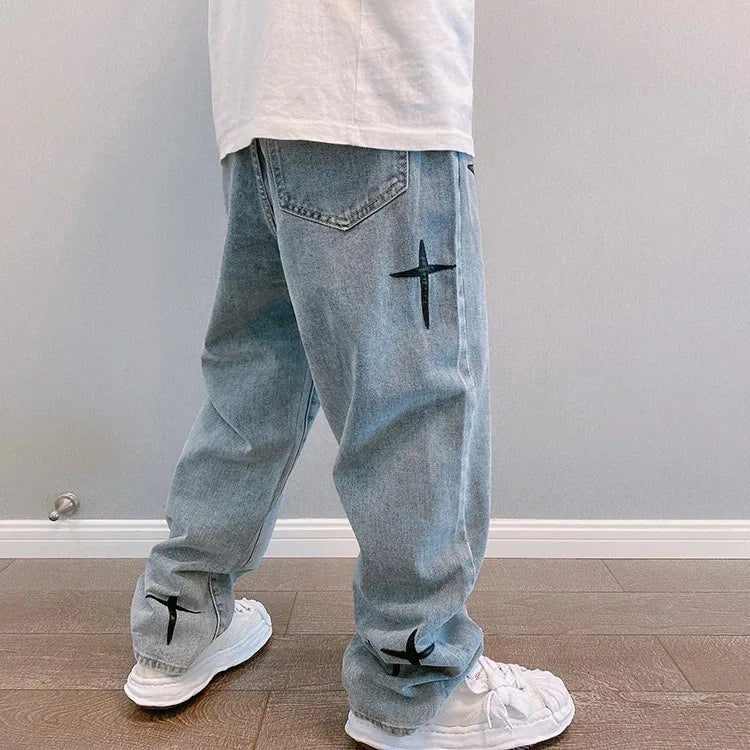 Vintage Fashion Straight Casual Loose Denim Cargo Pants Men Designer Prints Star Jeans Streetwear Loose Wide Leg Jeans
