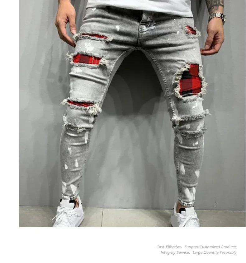 Jeans Pencil Pants Holes Distressed Men Streetwear Denims Mid Waist Slim Fit Washed Denim Ankle Length