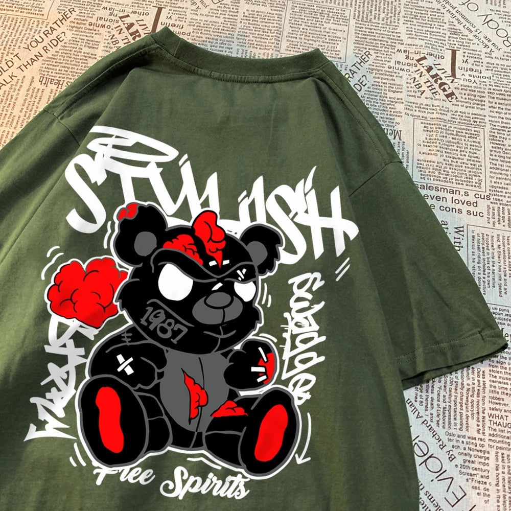 Exploding Black Puppet Bear MenT-Shirts High Quality Cotton Tops Loose T Shirts