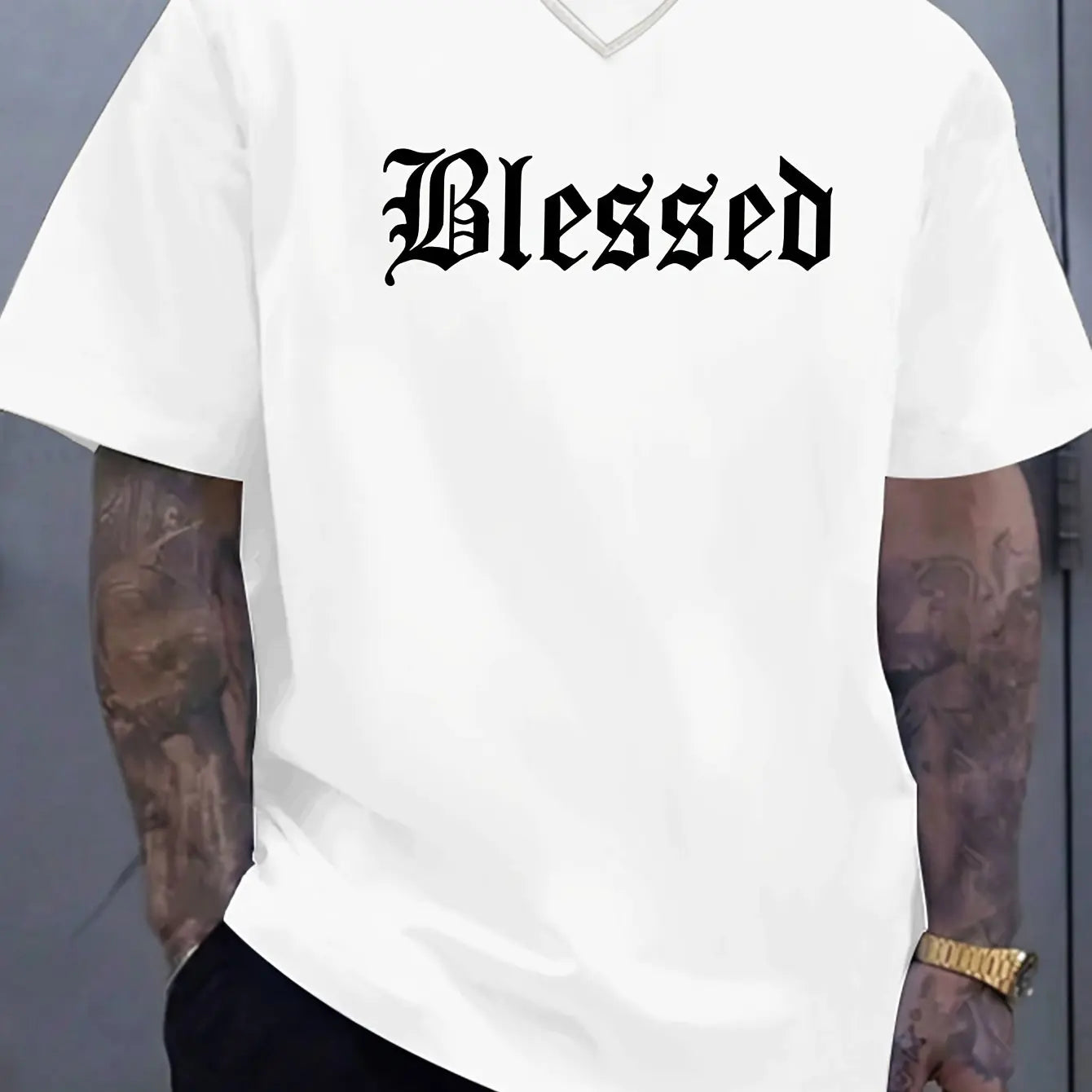 Men's 100% pure cotton fashionable casual loose Blessed letter pattern printed round neck short sleeved T-shirt
