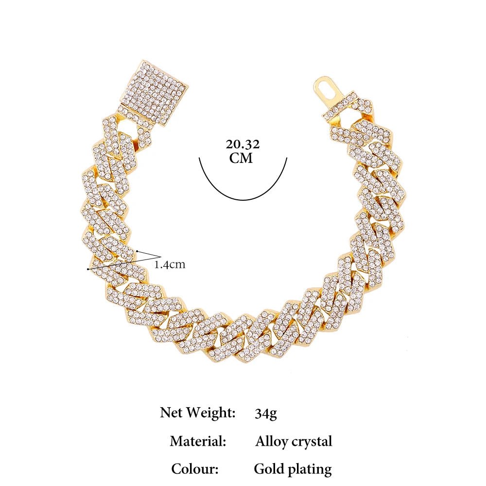 Silver Color 14mm Prong Miami Cuban Link Chain For Women Iced Out 2 Row Rhinestones Square Cuban Link Choker