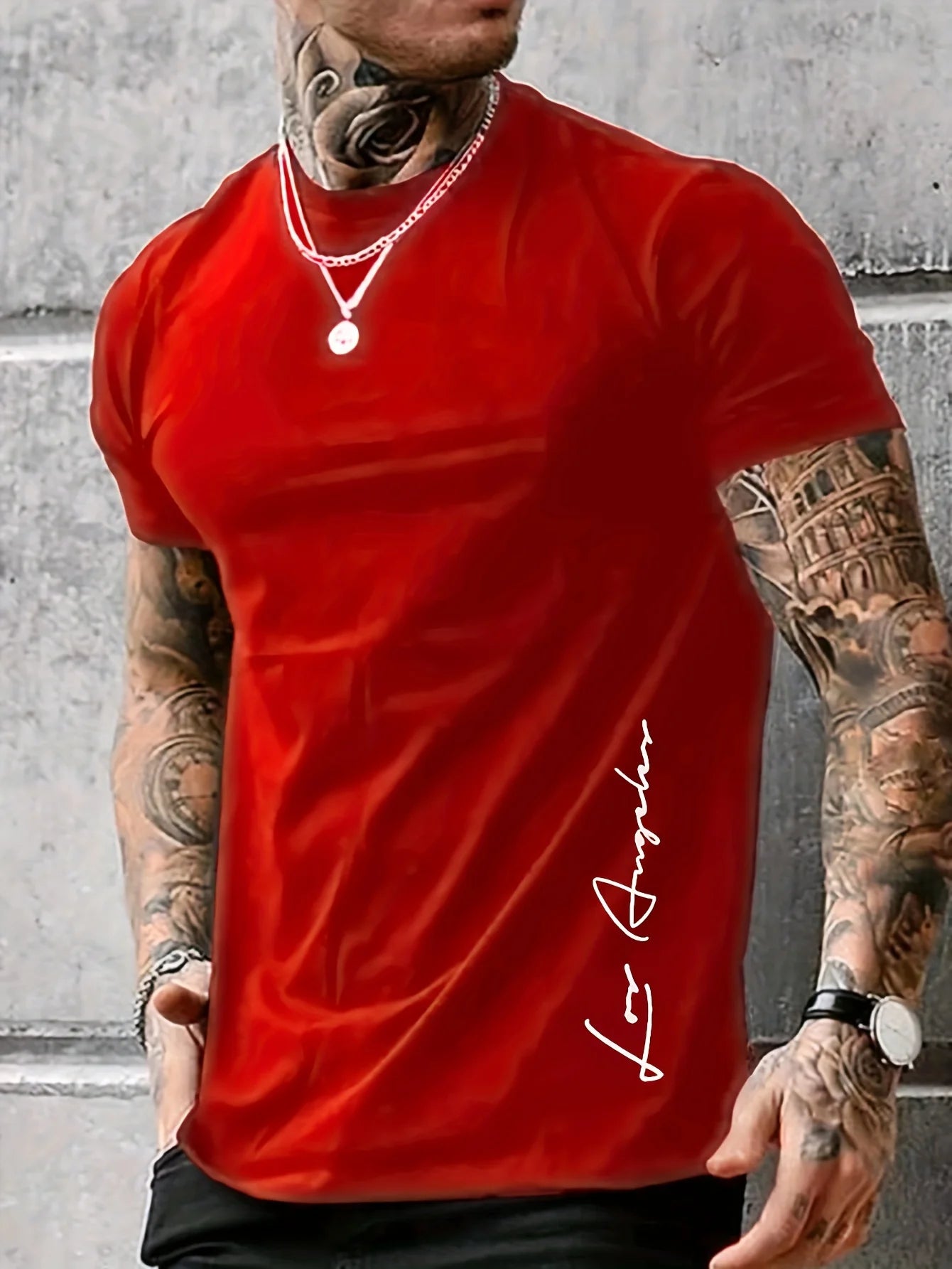 Men's 100 cotton summer loose Contrast Color  los Angelest print slim fit casual round neck short sleeved T-shirt