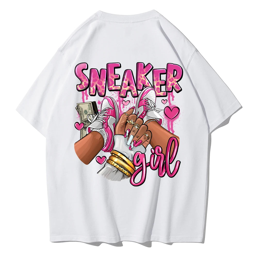 Womens T-Shirts Pink Sneaker Girl Prints Short Sleeve O-Neck Oversize Breathable Fashion Female Clothes