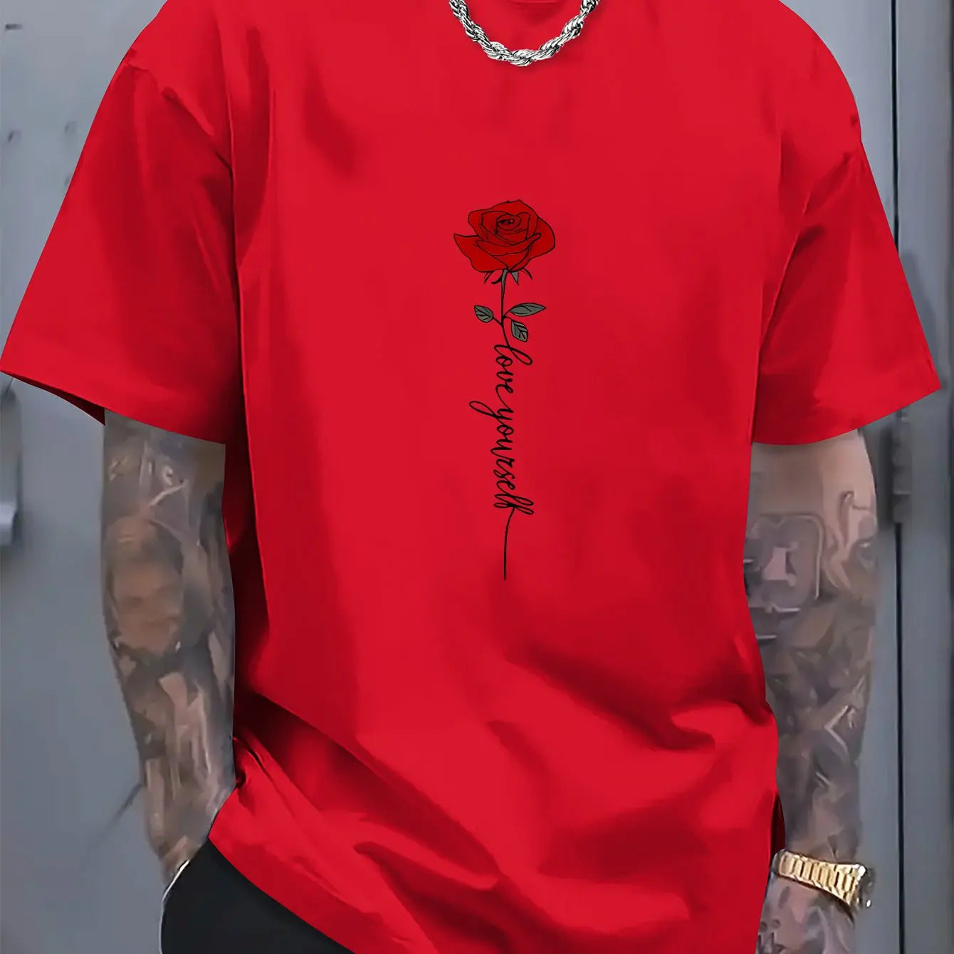 Men'scotton fashionable casual sports loose red rose printed round neck short sleeved T-shirt top