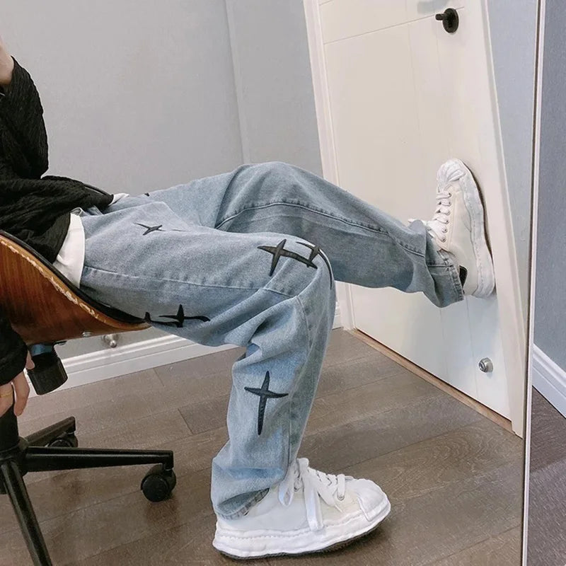 Vintage Fashion Straight Casual Loose Denim Cargo Pants Men Designer Prints Star Jeans Streetwear Loose Wide Leg Jeans
