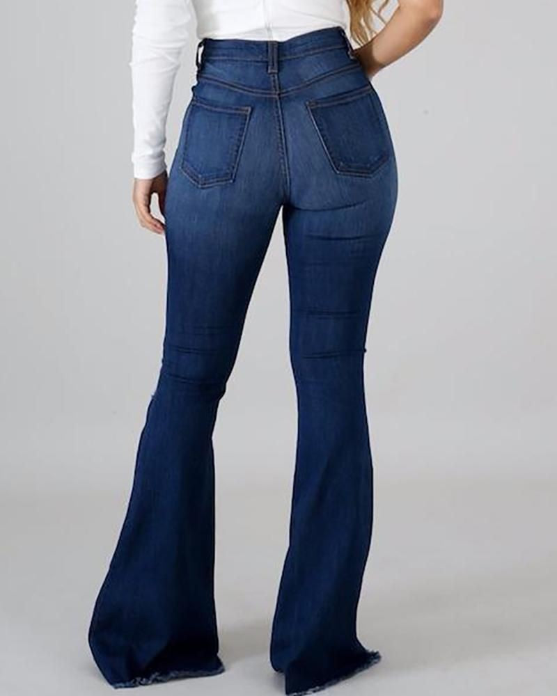 Denim Womens Pants High-stretch Ripped Jeans High-waisted Flared for Women