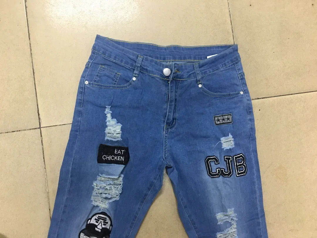 Plus Size Pants Men Skinny Ripped Hole Patchwork Jeans Slim Pencil Denim Streetwear Men's