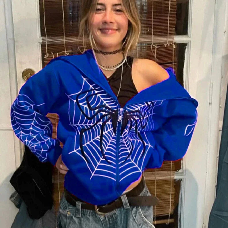 Cross Border Spider Web Zipper Sweater Women's Casual Trendy Hoodie