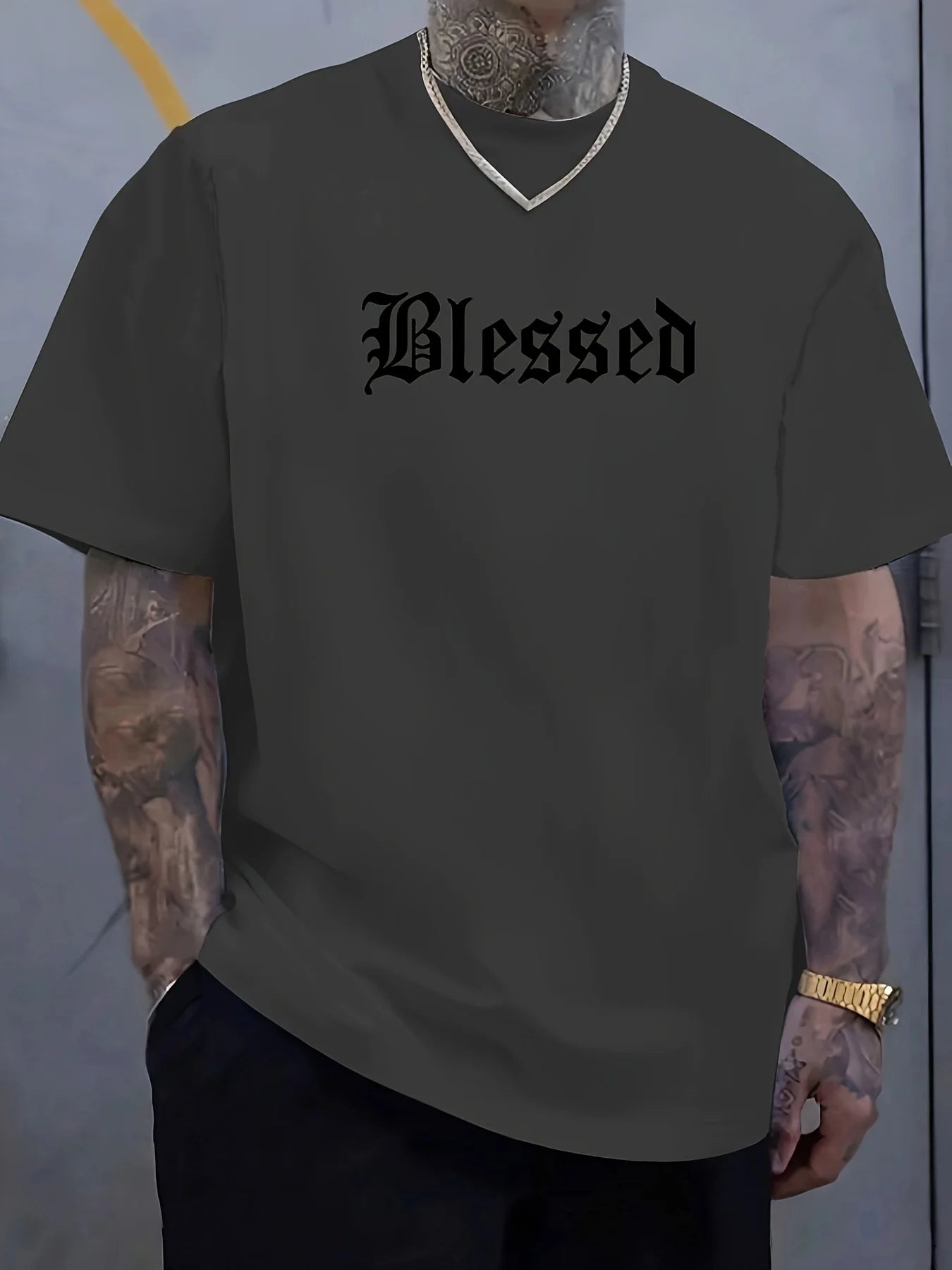 Men's 100% pure cotton fashionable casual loose Blessed letter pattern printed round neck short sleeved T-shirt