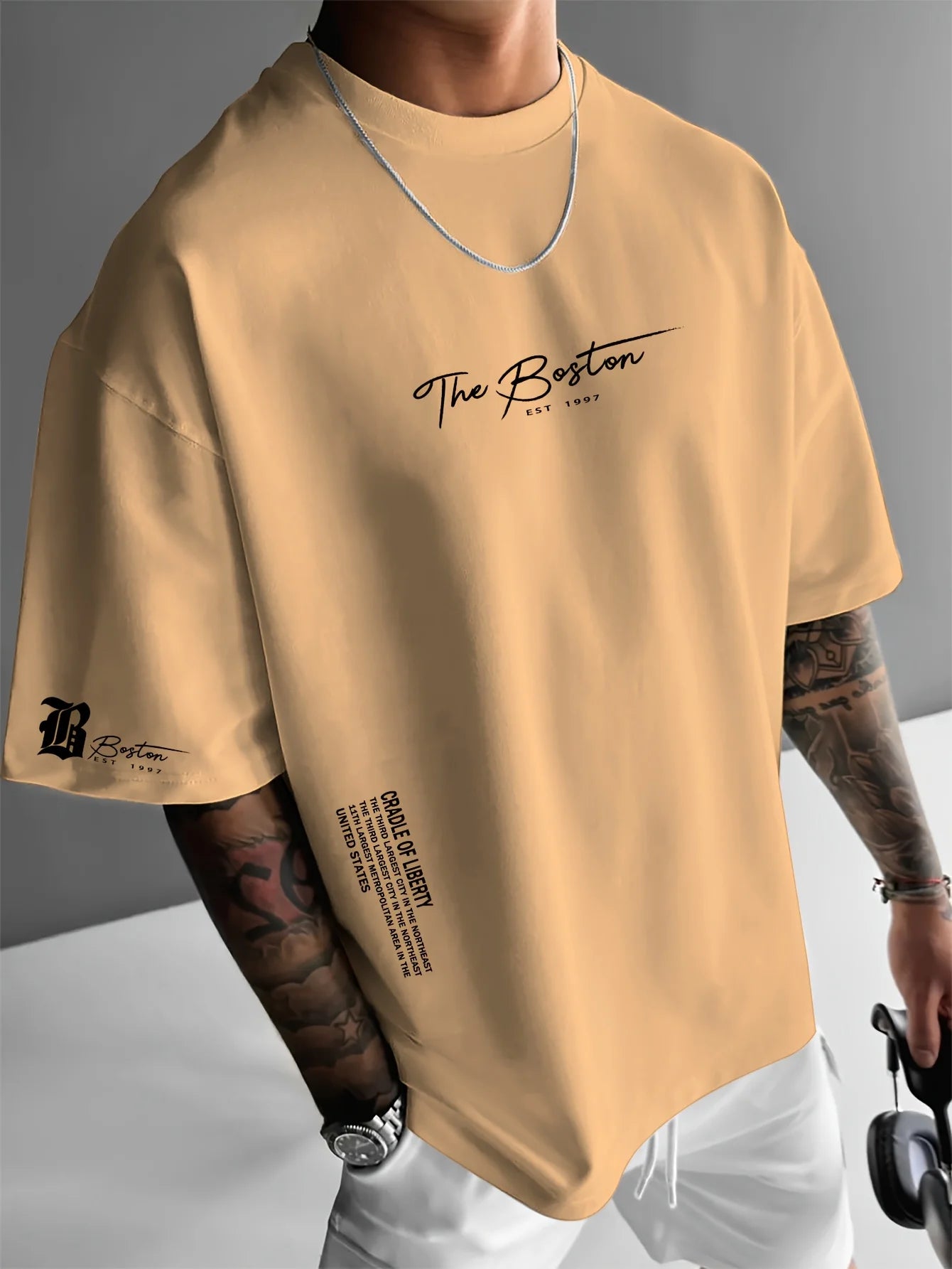 Men's cotton fashionable casual loose printed round neck short sleeved T-shirt top