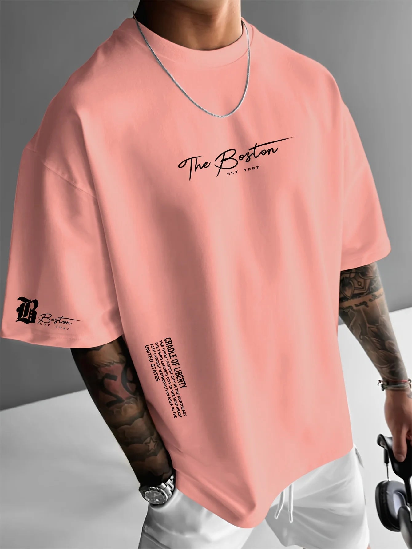 Men's cotton fashionable casual loose printed round neck short sleeved T-shirt top