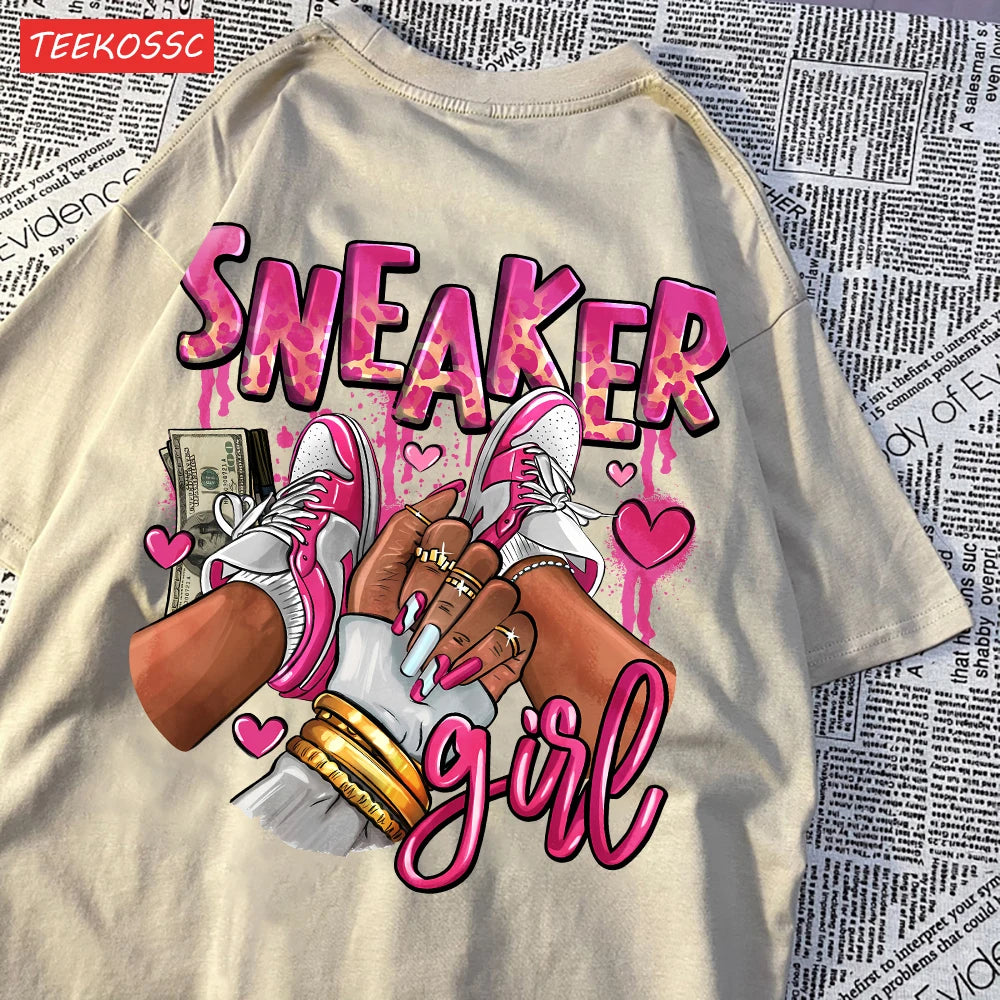 Womens T-Shirts Pink Sneaker Girl Prints Short Sleeve O-Neck Oversize Breathable Fashion Female Clothes