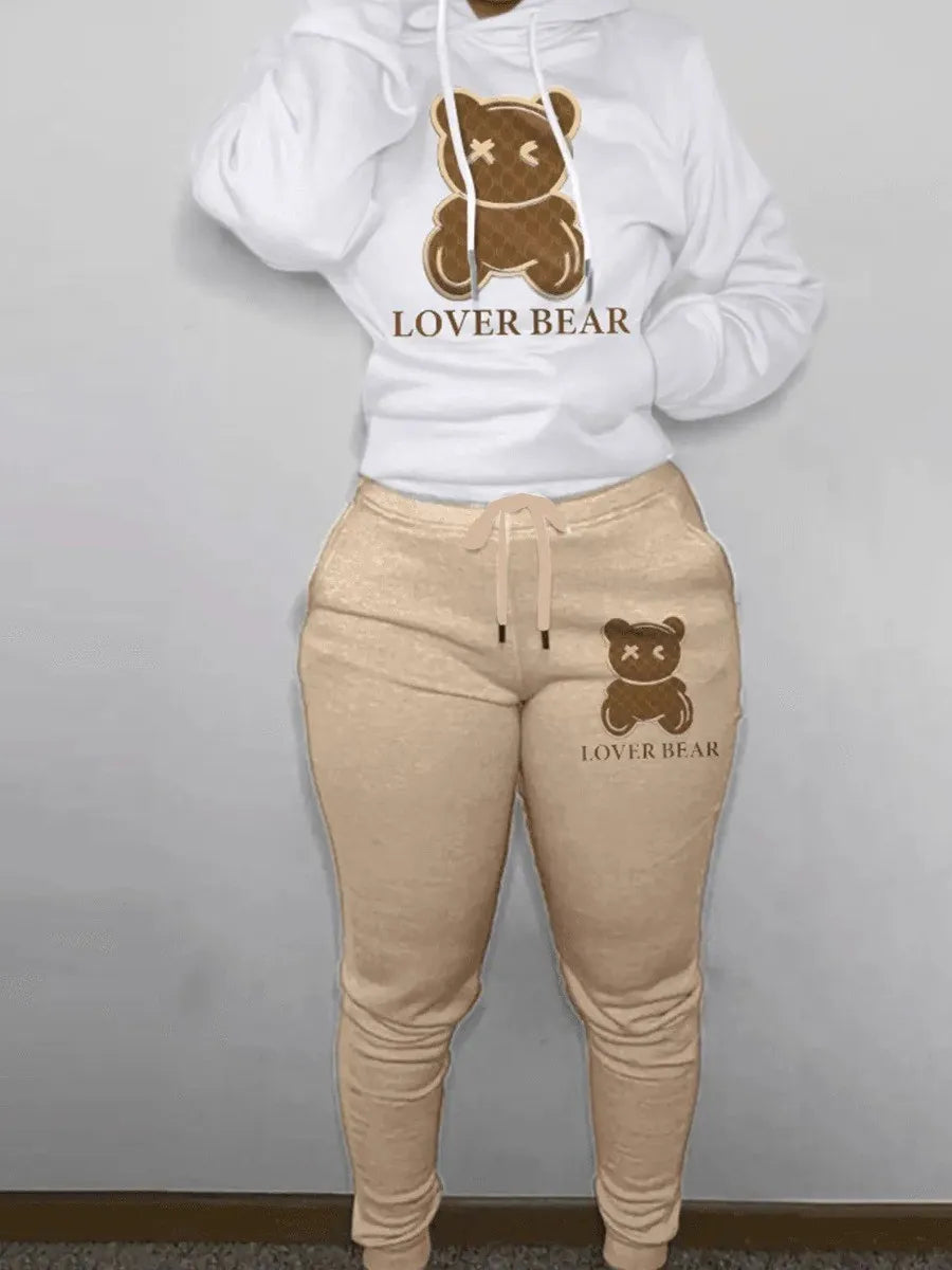 women's loose and fashionable plus size cartoon bear print hooded sweater+woolen pants set