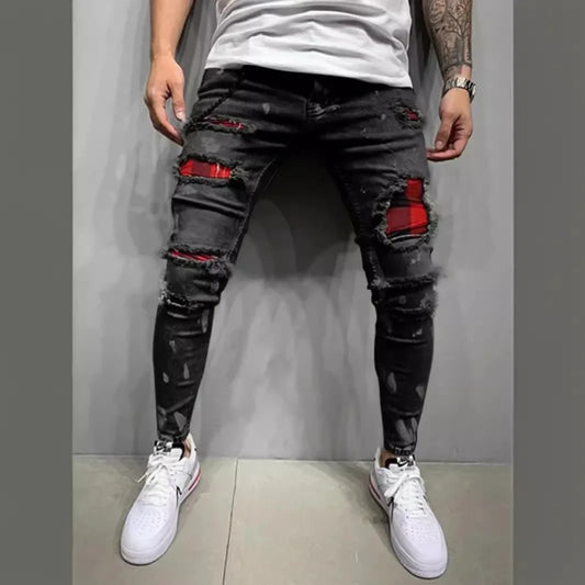 Jeans Pencil Pants Holes Distressed Men Streetwear Denims Mid Waist Slim Fit Washed Denim Ankle Length