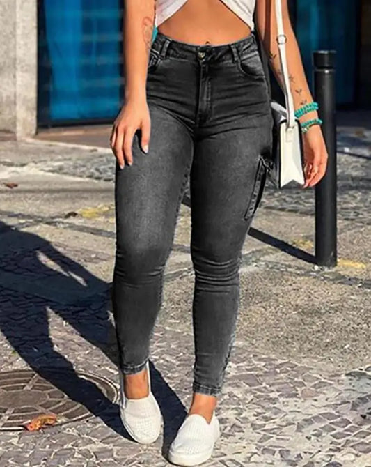 Women's Denim Pants Fashion Solid Color Buttoned Pocket Zipper Design High Waist Casual Daily Skinny Jeans