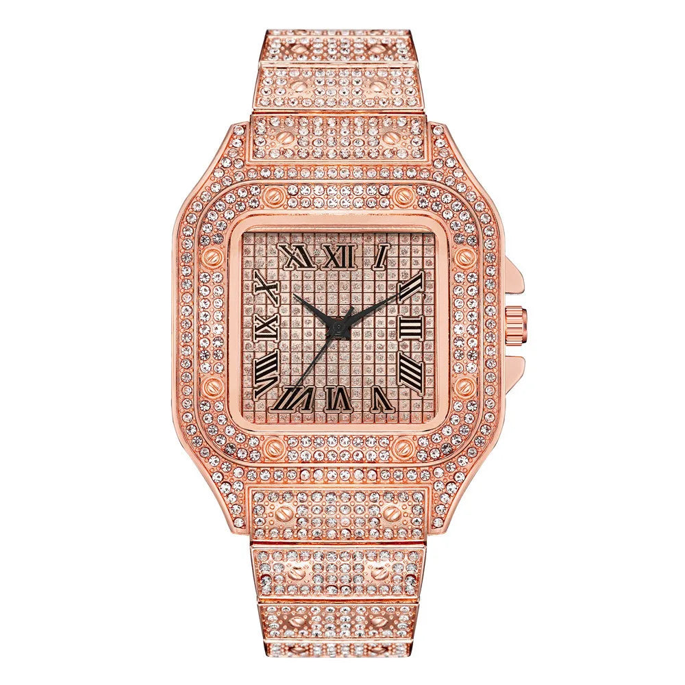 Classic Luxury Business Men's Steel Strap Square Roman Scale Rhinestone Quartz Watch