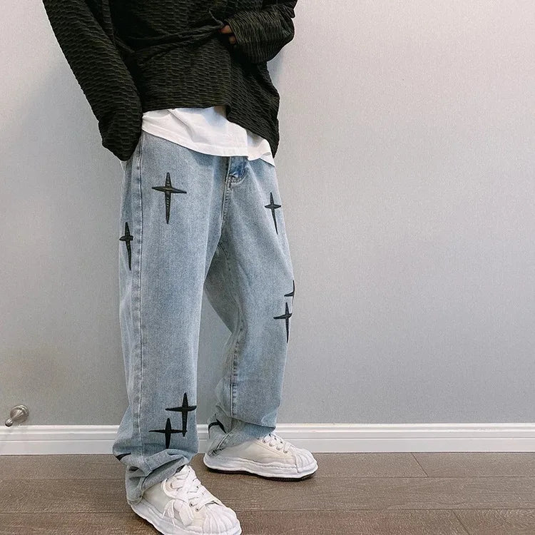Vintage Fashion Straight Casual Loose Denim Cargo Pants Men Designer Prints Star Jeans Streetwear Loose Wide Leg Jeans