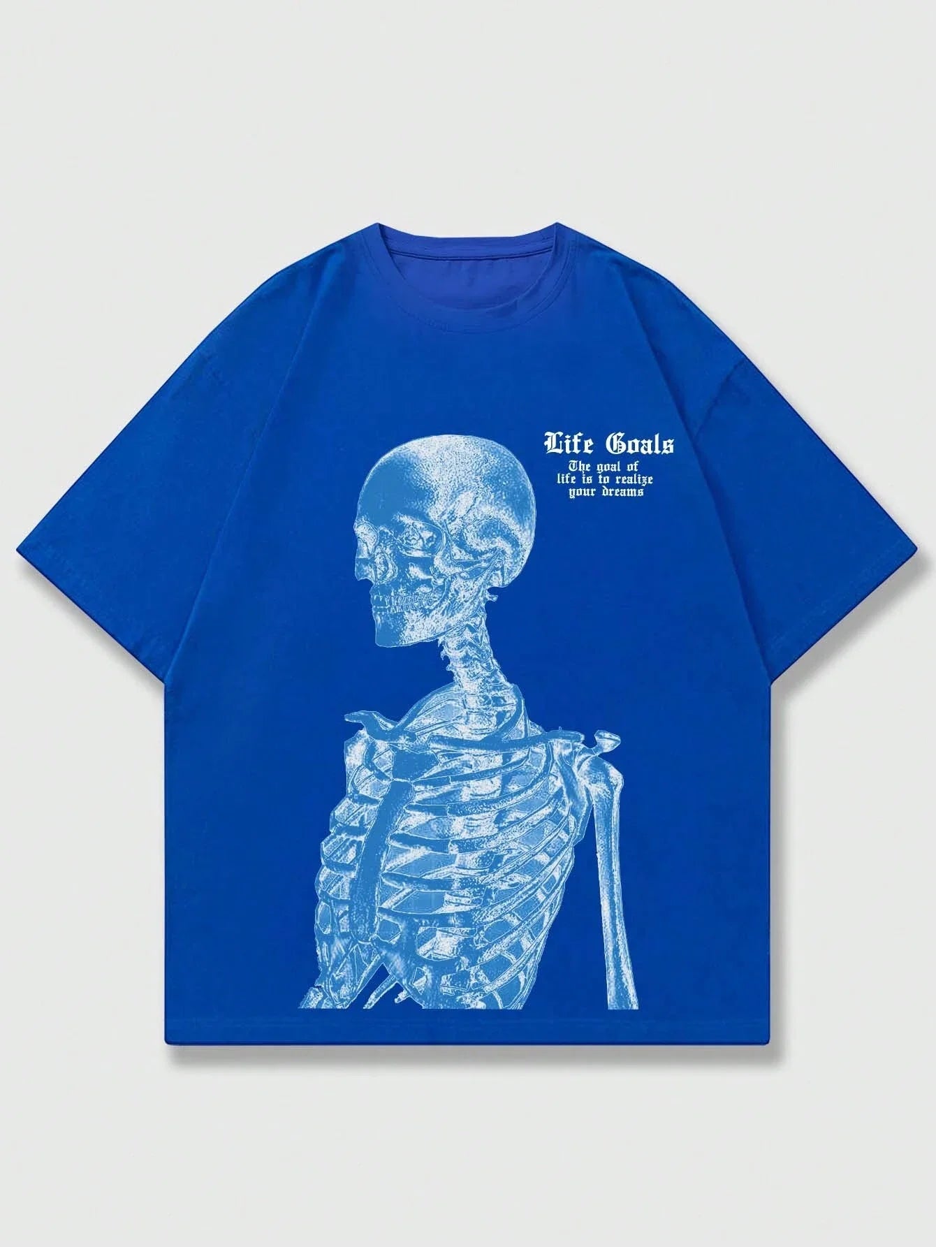 Blue Skeleton Man Life Goals Letter Printing O-Neck Cotton Tops Street Fashion Tees Loose Soft Clothes