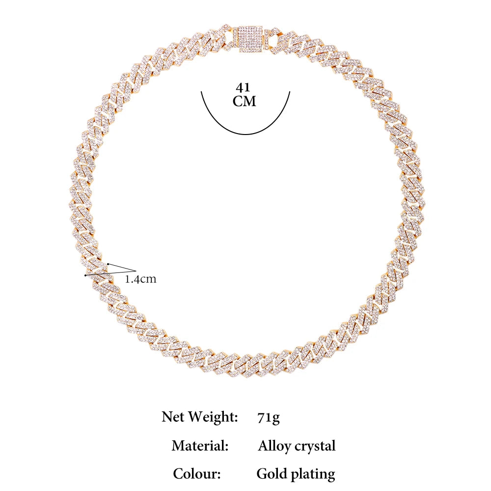 Silver Color 14mm Prong Miami Cuban Link Chain For Women Iced Out 2 Row Rhinestones Square Cuban Link Choker