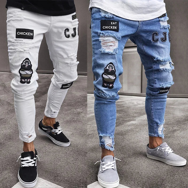 Plus Size Pants Men Skinny Ripped Hole Patchwork Jeans Slim Pencil Denim Streetwear Men's