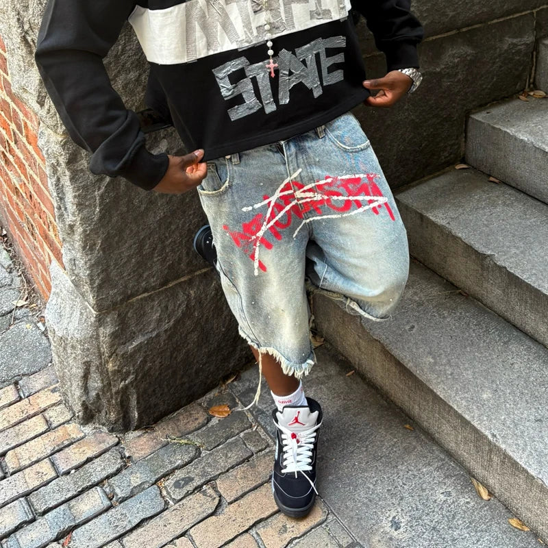 Y2K Graffiti Jorts s Men Women TRhinestone Distressed Printed Denim Shortrend Streetwear Unisex Baggy Short Pants