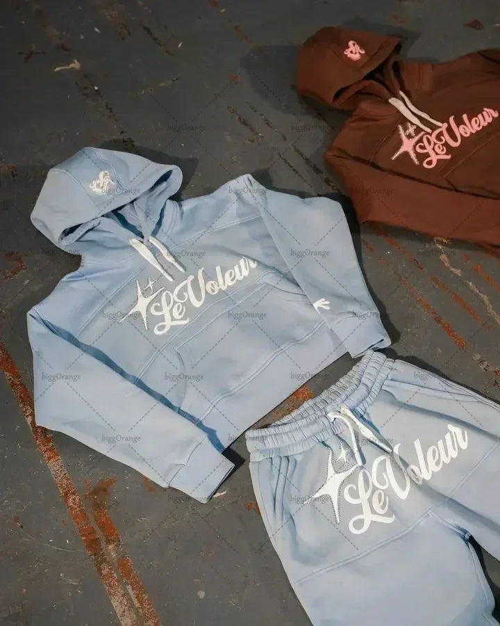 Neutral Street Hoodies and Jogging Sets, High Street Soft Sweatshirts and Pants Shorts Stylish Powder Blue and Brown Casual Wear