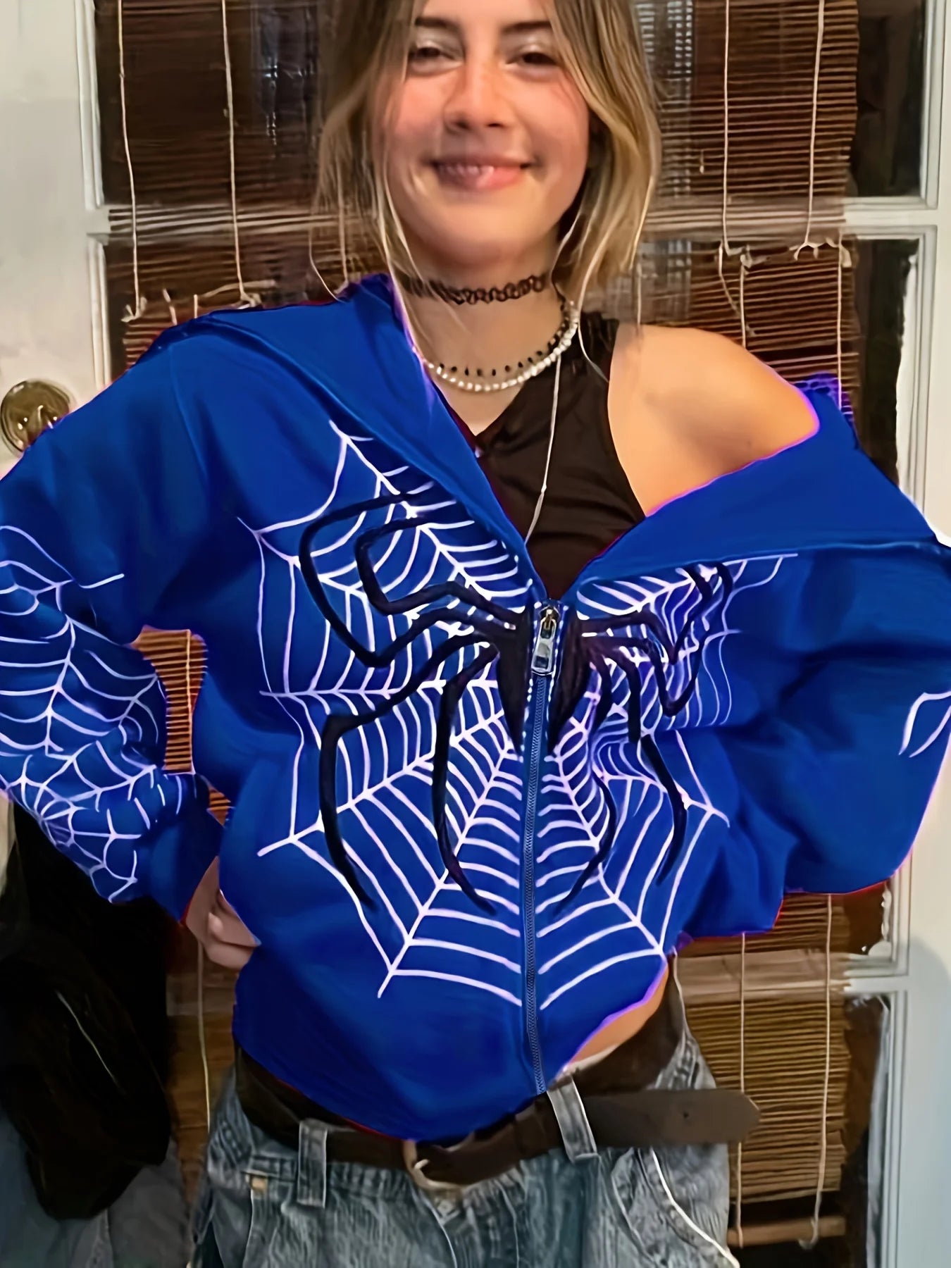 Cross Border Spider Web Zipper Sweater Women's Casual Trendy Hoodie