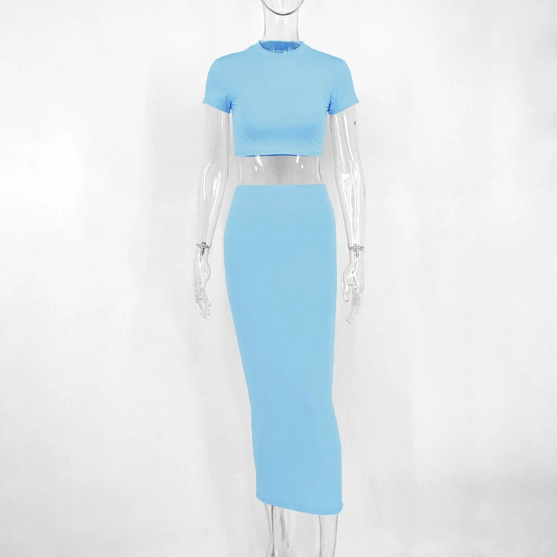 Sexy Skirt Two Piece Set Women New Short Sleeve O-Neck Crop Top High Waist Skirt Solid Fashion Partywear