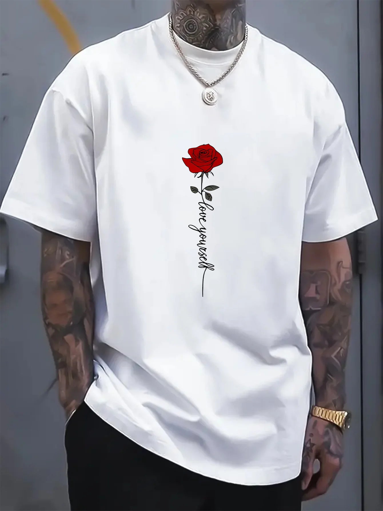 Men'scotton fashionable casual sports loose red rose printed round neck short sleeved T-shirt top