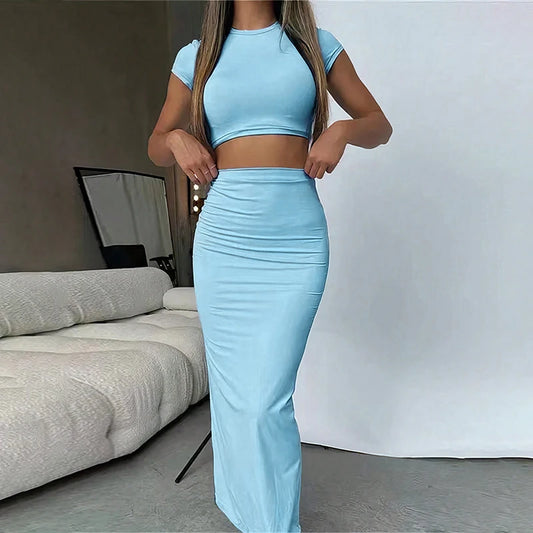 Sexy Skirt Two Piece Set Women New Short Sleeve O-Neck Crop Top High Waist Skirt Solid Fashion Partywear