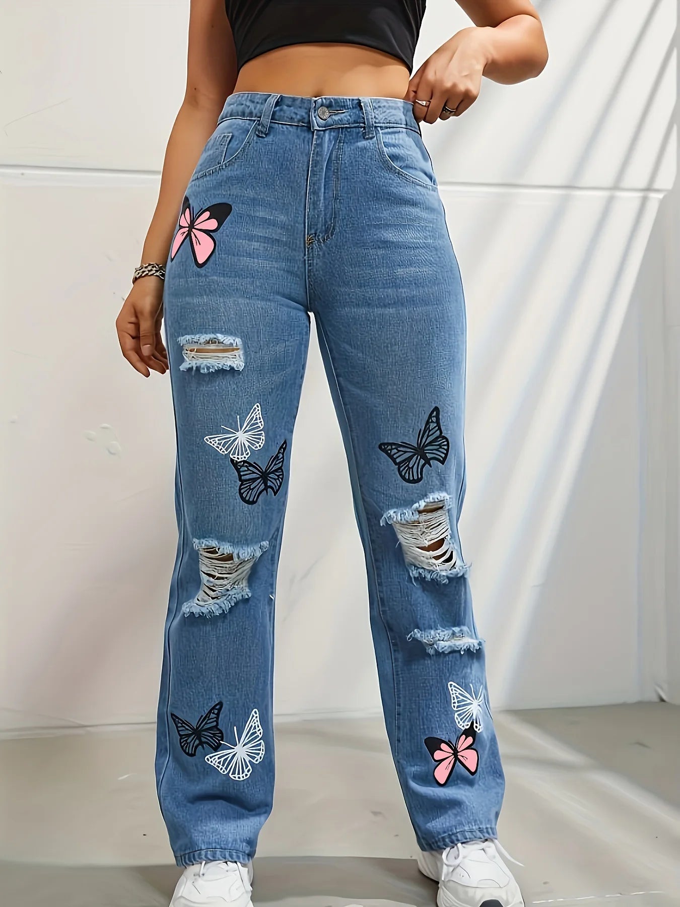 Butterfly Printing Denim Jeans Women Holes Jeans Straight Pants High Waist Loose Fit Vintage Casual Distressed Denims